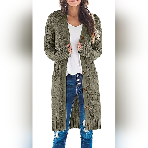Merokeety Long Sleeve Cable Knit Long Cardigan Open front button Sweater - Picture 1 of 5